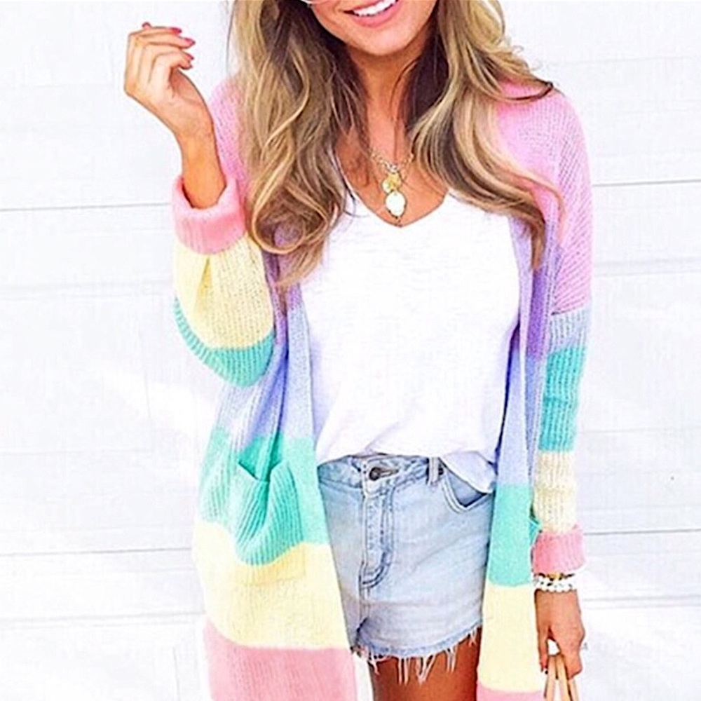 NEW! Cozy Rainbow ColorBlock Fuzzy Knit Cardigan - Picture 2 of 5